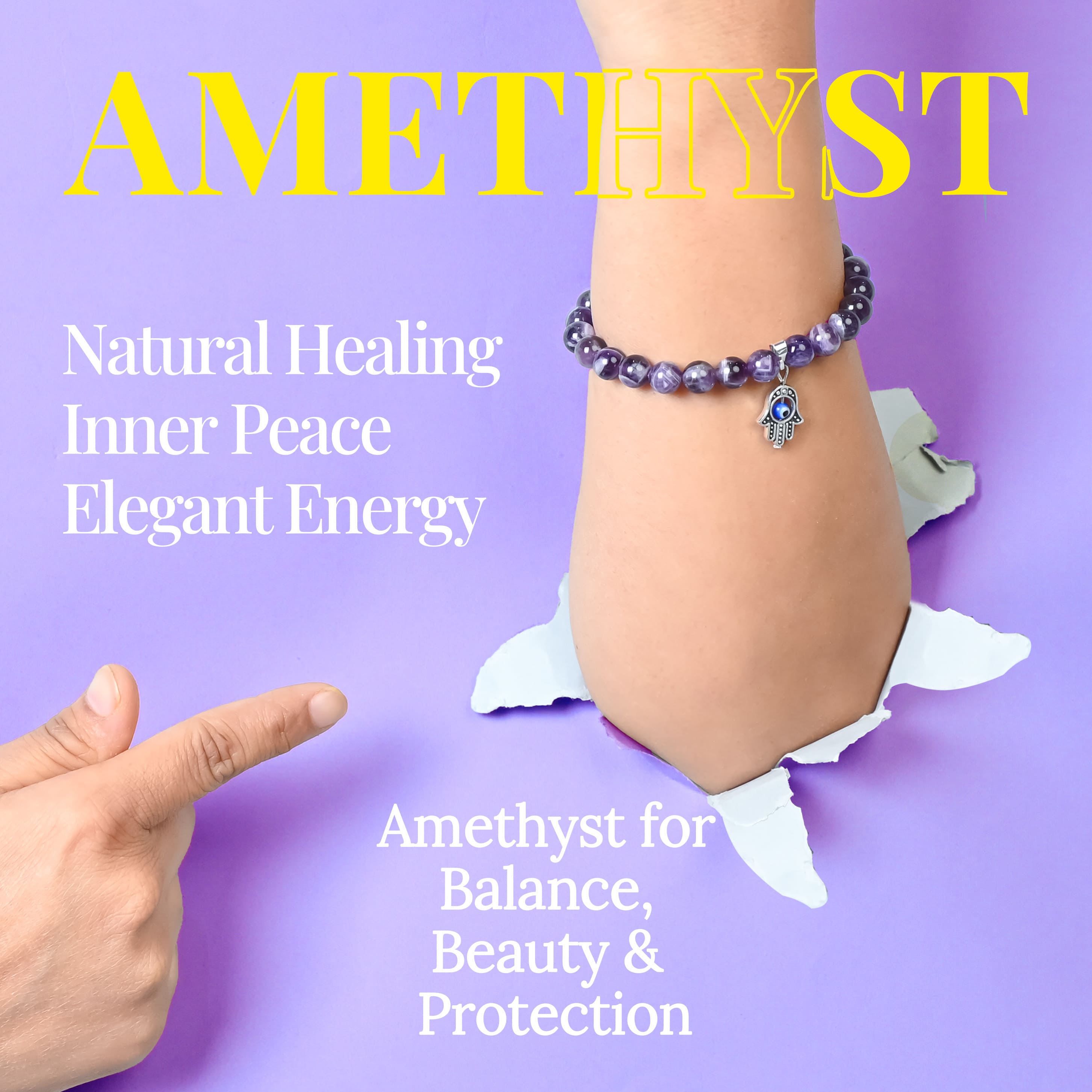 HindCraft Amethyst Evil Eye Bracelet with Hamsa Charm for Balance