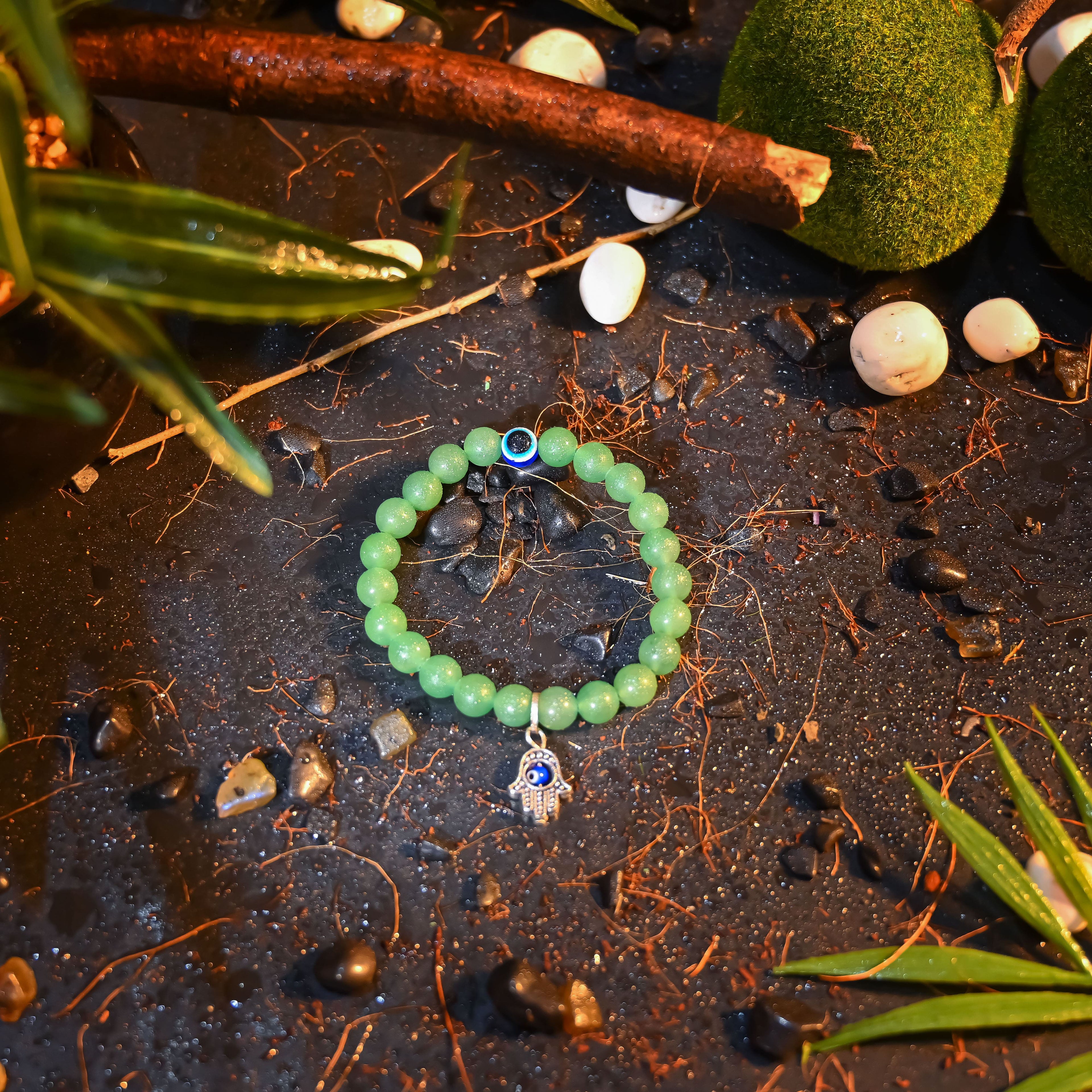 HindCraft Green Aventurine Evil Eye Bracelet with Hamsa Charm Gift