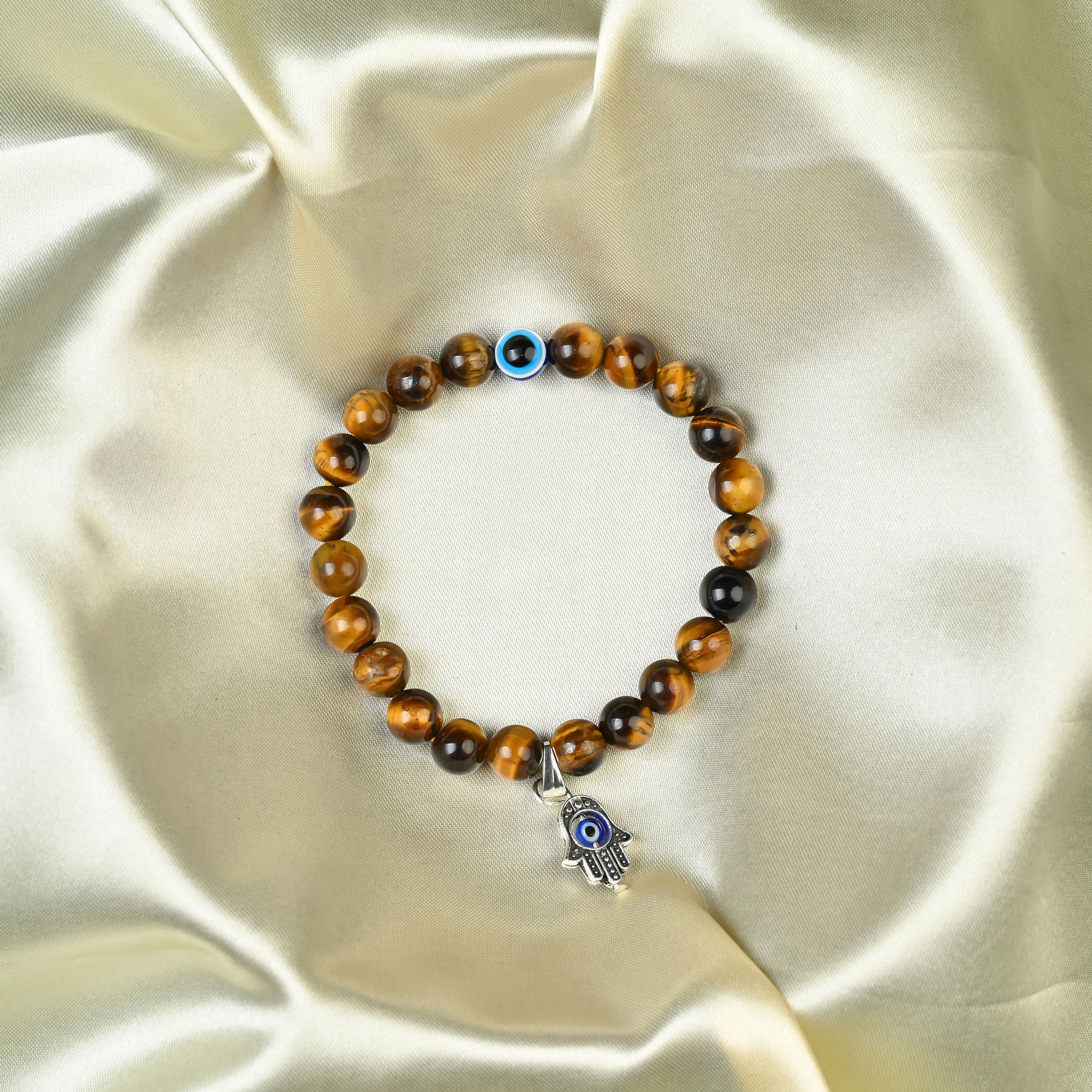HindCraft Tiger Eye Evil Eye Bracelet with Hamsa Charm for Style