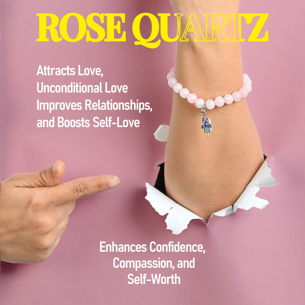 HindCraft Rose Quartz Evil Eye Bracelet with Hamsa Charm for Women