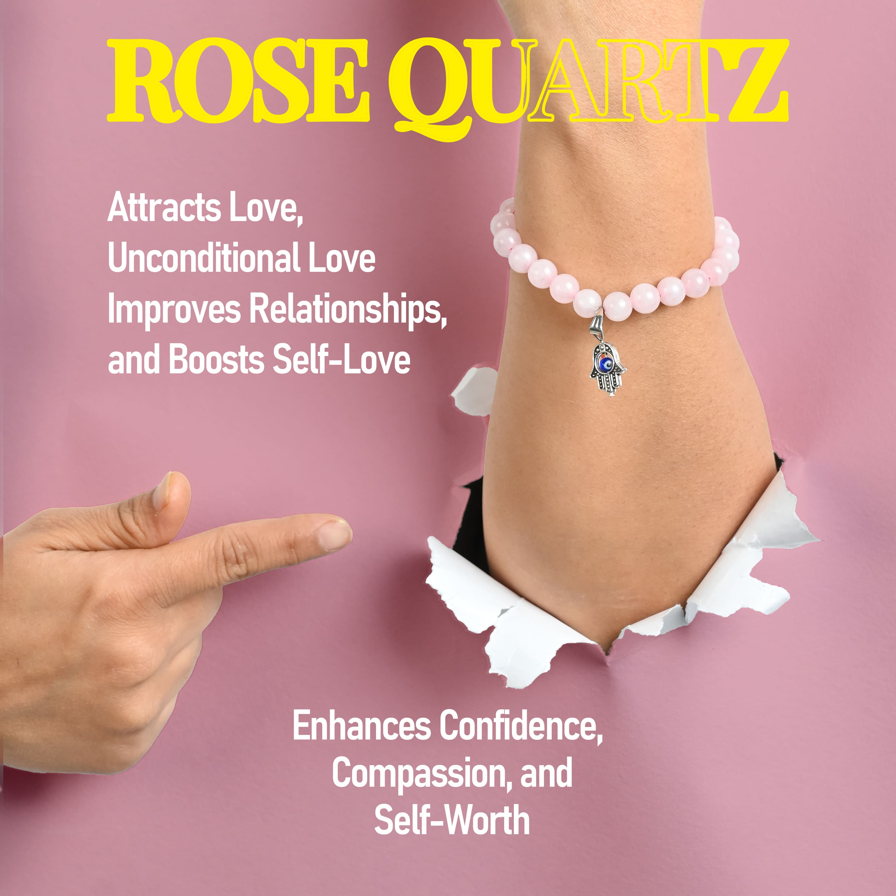 HindCraft Rose Quartz Evil Eye Bracelet with Hamsa Charm for Women
