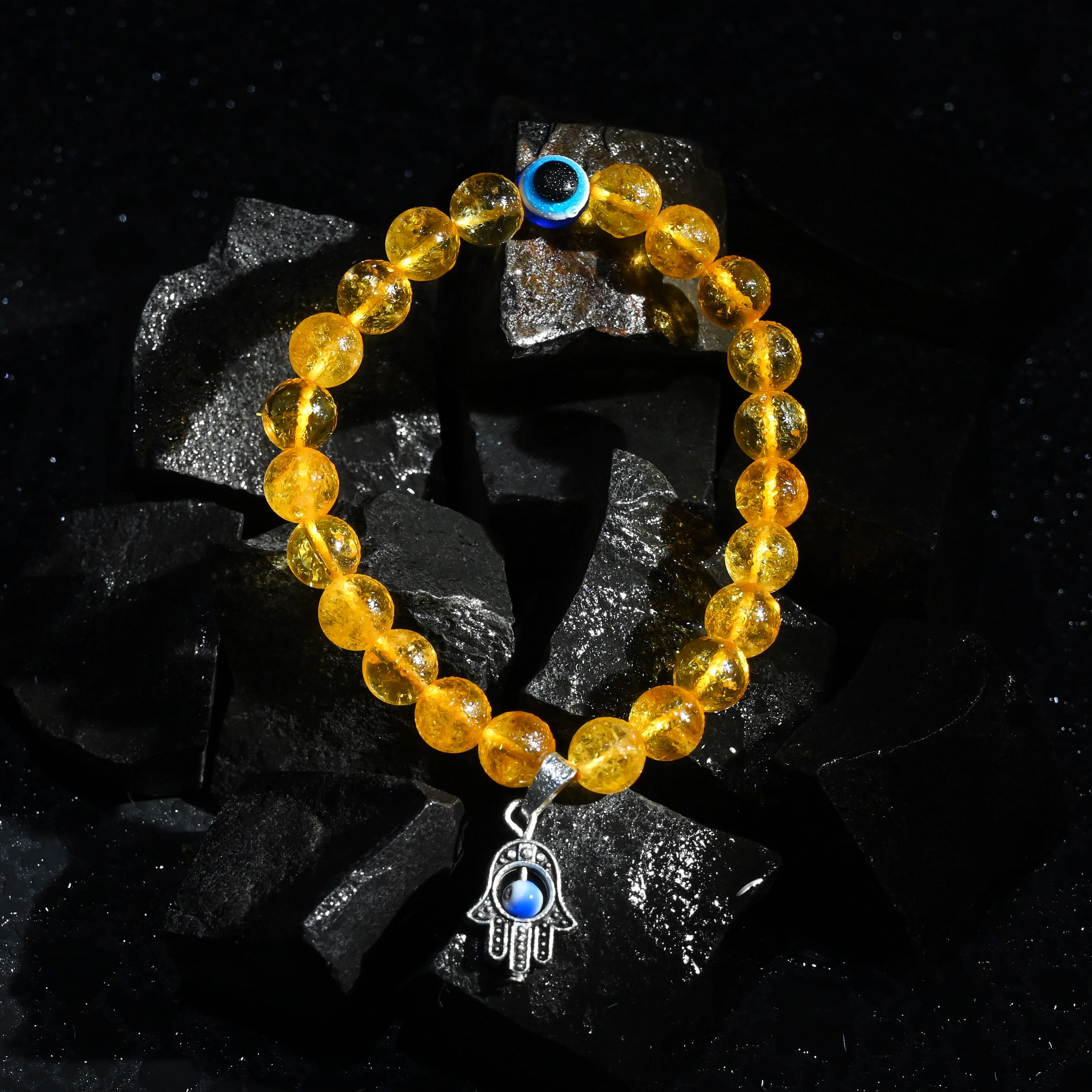HindCraft Citrine Evil Eye Bracelet with Hamsa Charm for Prosperity