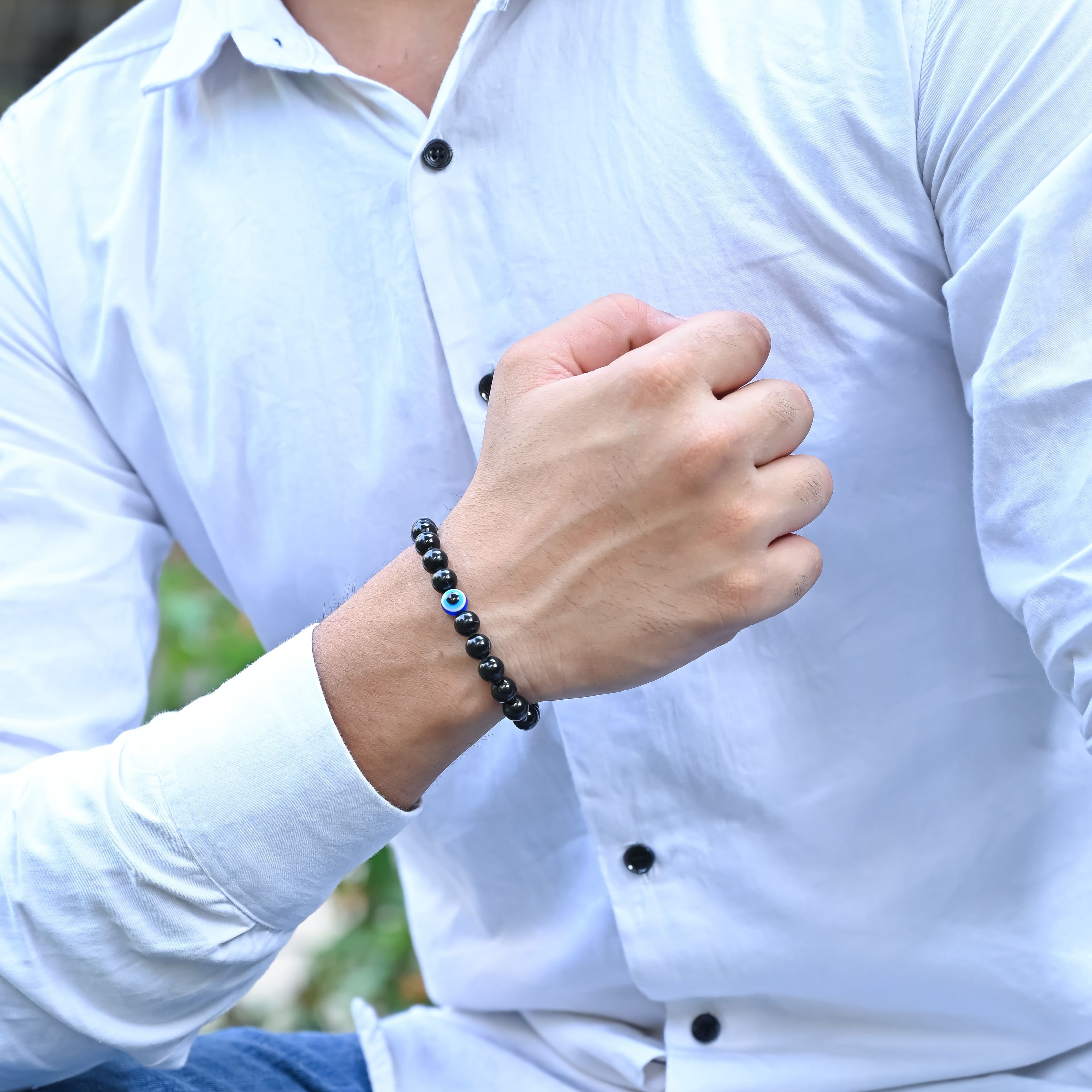 HindCraft Black Tourmaline Evil Eye Bracelet with Hamsa Protection