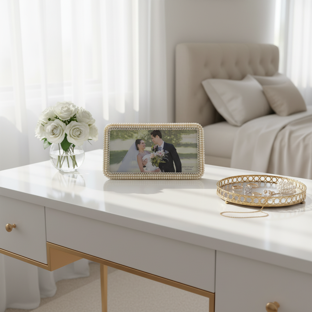 HindCraft Pearl Beaded Photo Frame | Elegant Decorative Picture Frame for Wedding, Anniversary, Family Photos & Home Décor