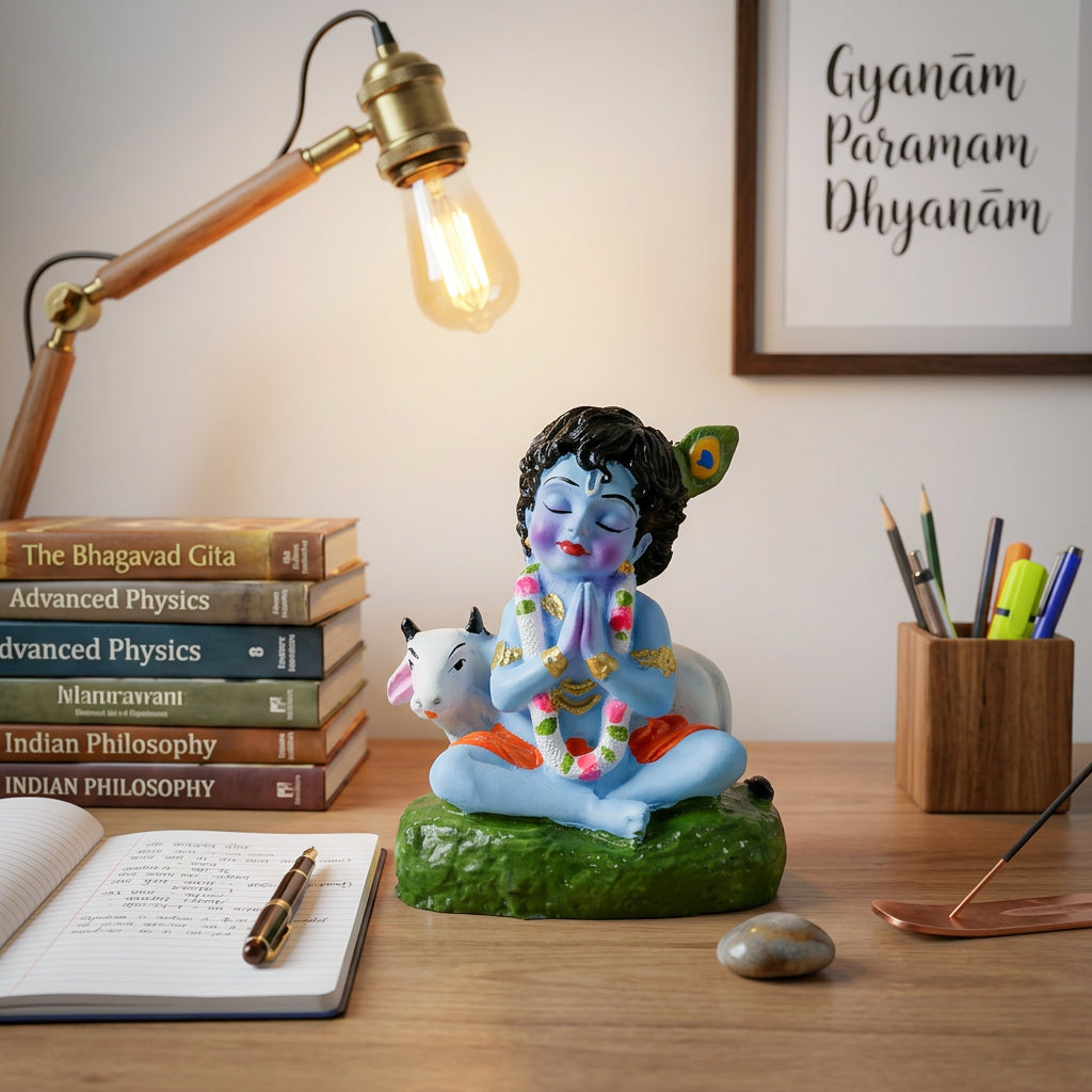 HindCraft Bal Krishna Praying Idol with Cow | Cute Baby Krishna Resin Showpiece for Home Temple, Car Dashboard & Office Décor