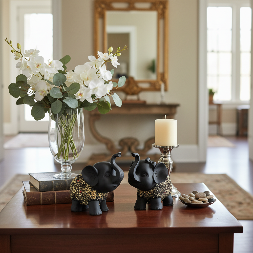 HindCraft Black Elephant Showpiece Set of 2 | Decorative Elephant Figurines for Home, Office & Living Room Decor