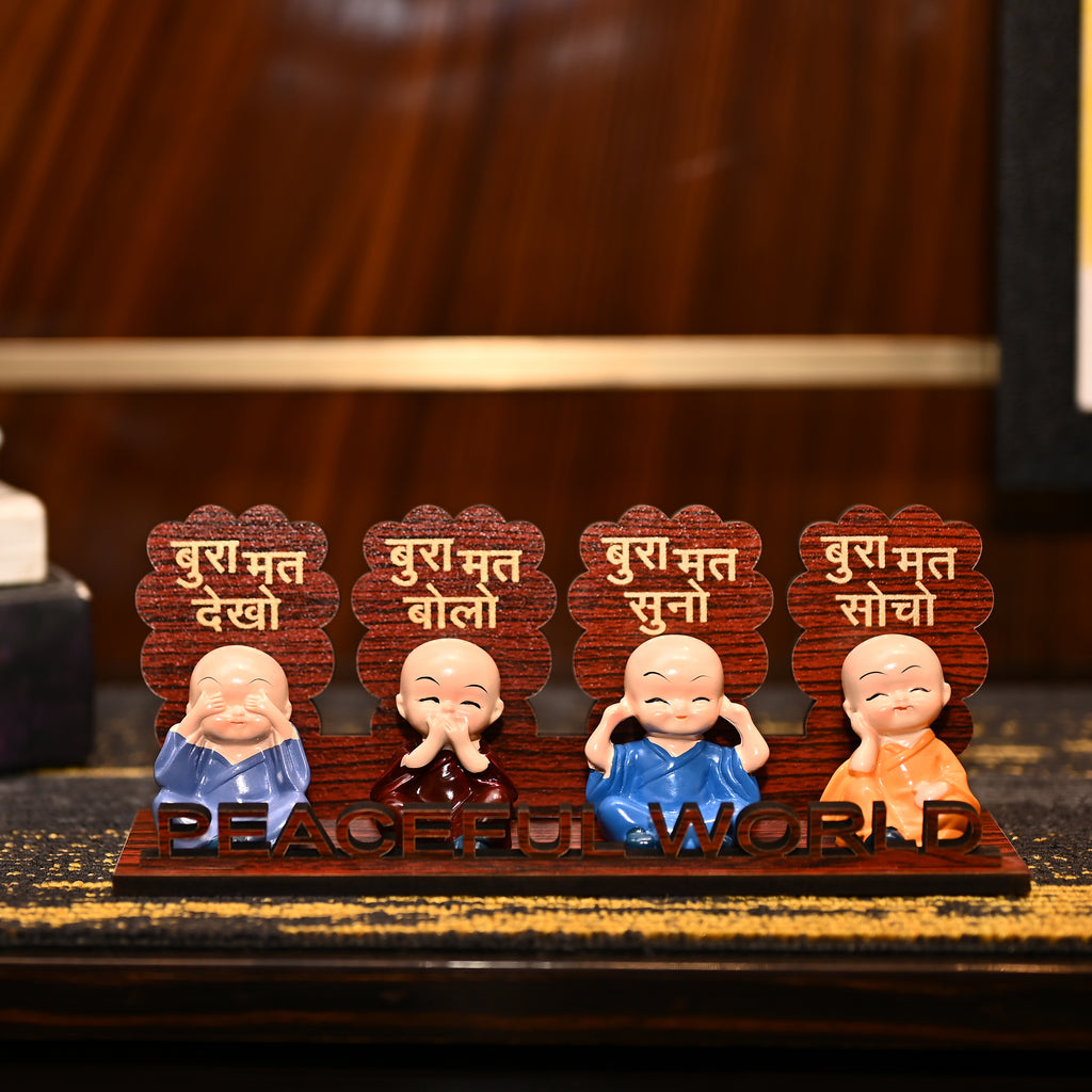 HindCraft Peaceful World Four Monk Showpiece with Hindi Quotes for Home Décor