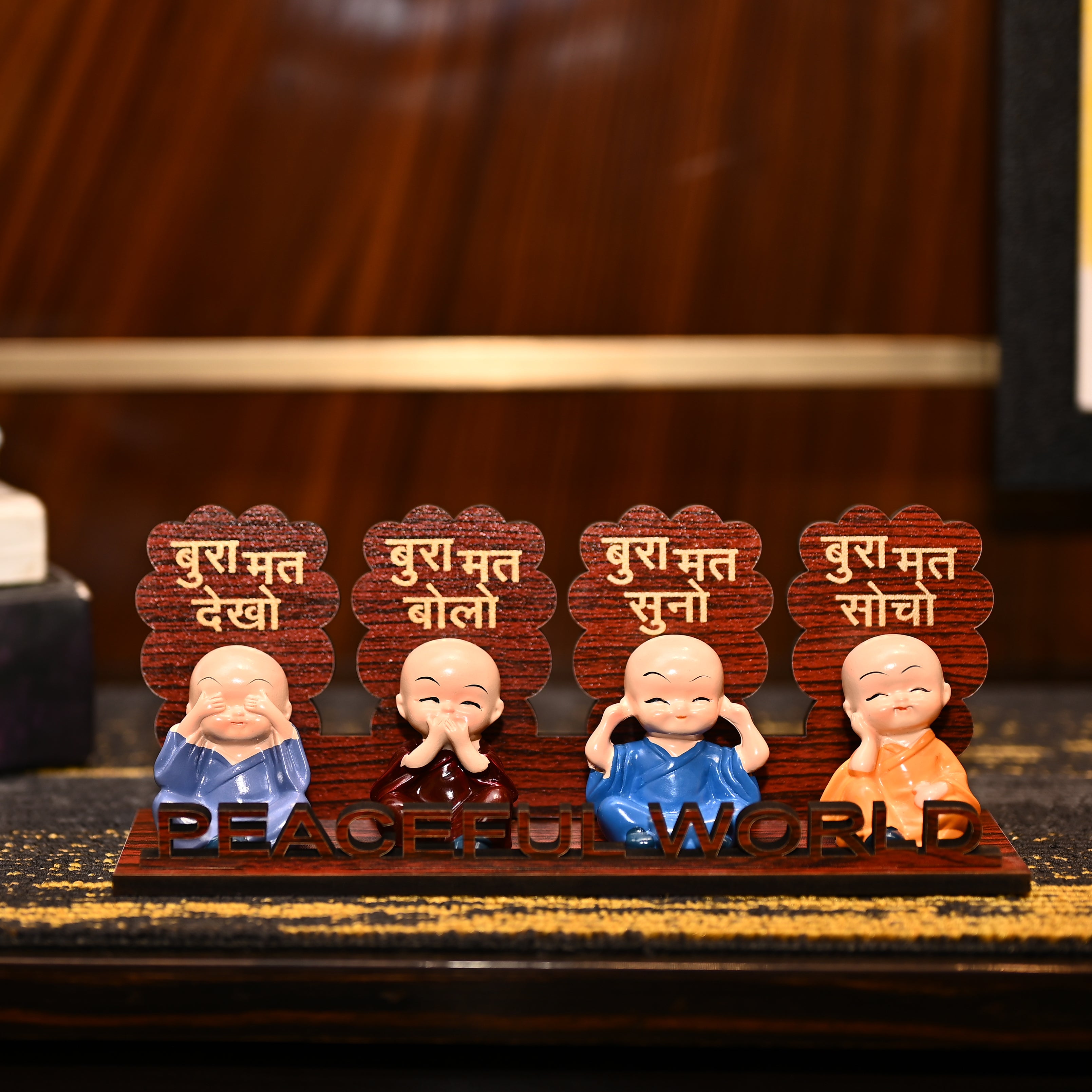 HindCraft Peaceful World Four Monk Showpiece with Hindi Quotes for Home Décor