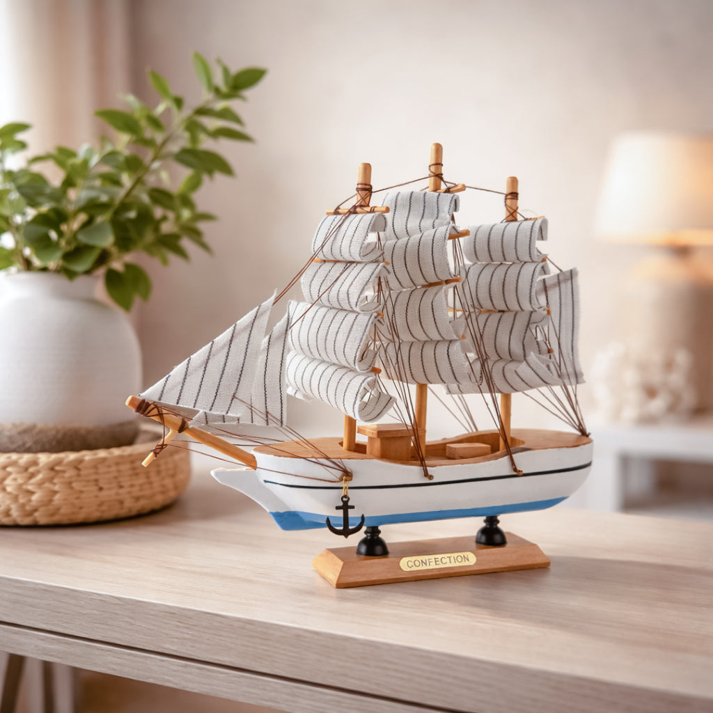 HindCraft Handmade Wooden Sailing Ship Model | Decorative Nautical Boat Showpiece for Home, Office Desk & Living Room Décor