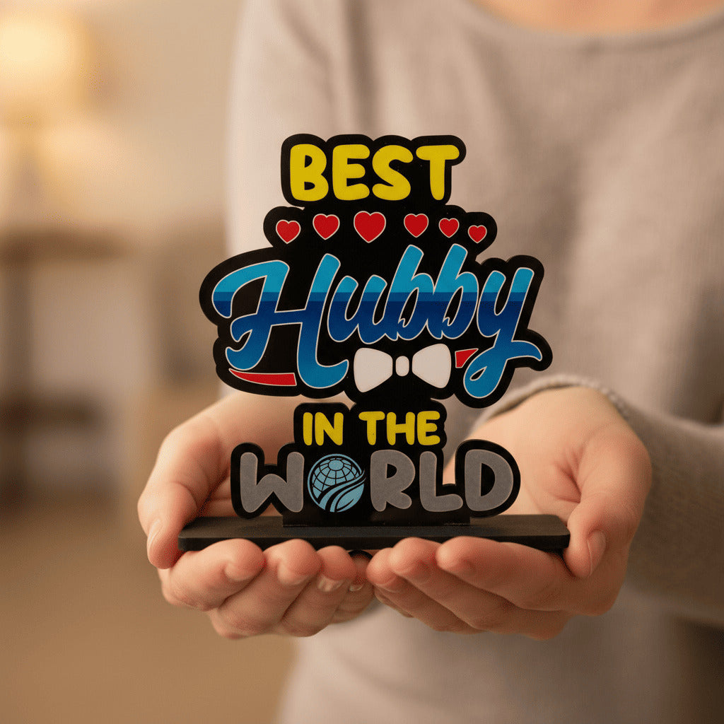 HindCraft Best Hubby in The World Wooden Table Top Showpiece | Husband Appreciation Gift | Romantic Home & Office Desk Décor