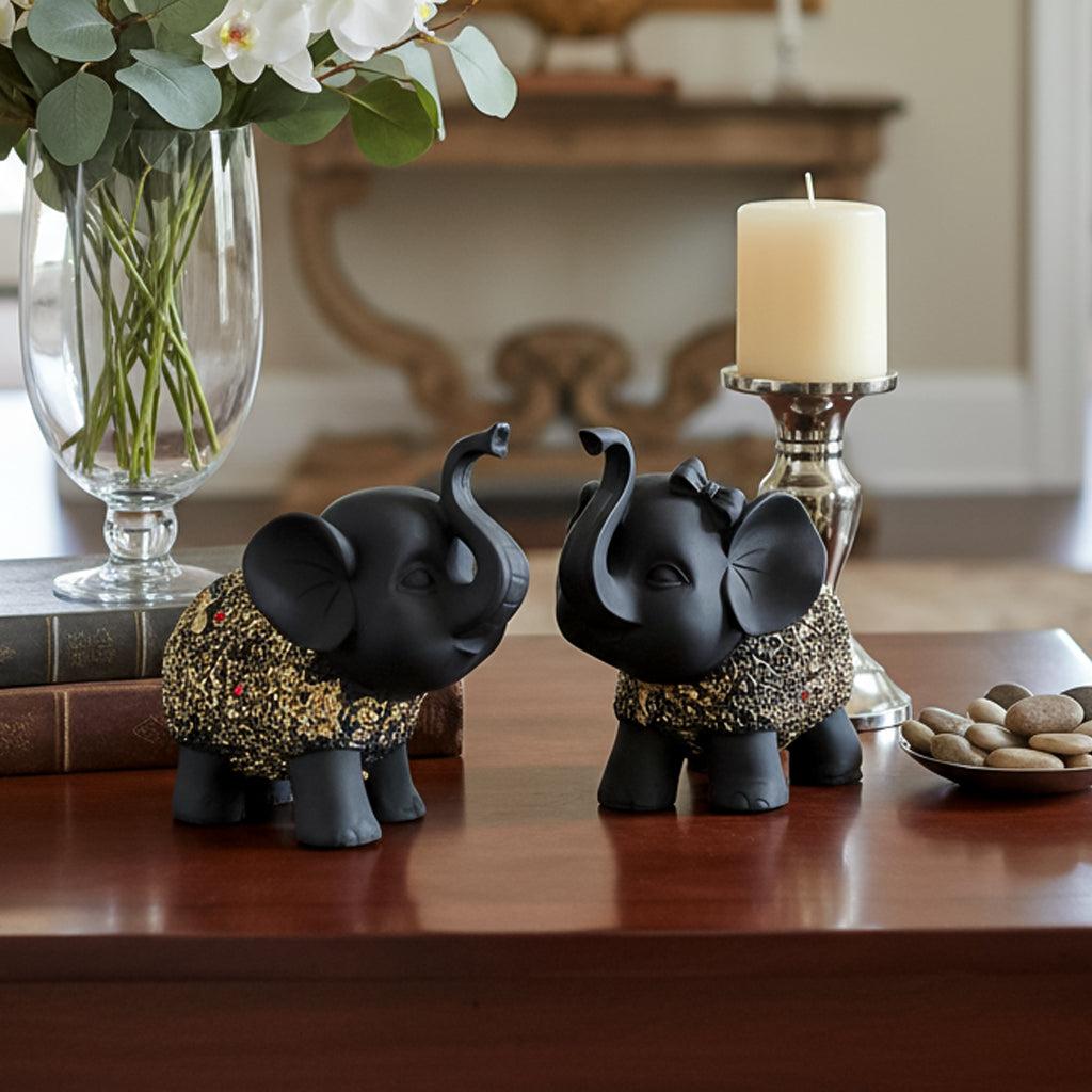 HindCraft Black Elephant Showpiece Set of 2 | Decorative Elephant Figurines for Home, Office & Living Room Decor