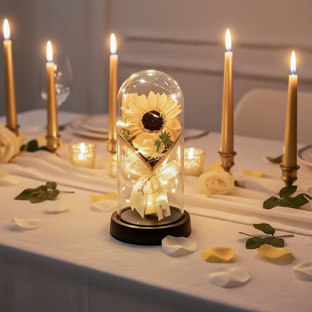 HindCraft Artificial Sunflower Glass Dome with LED Lights for Home Décor & Gifting