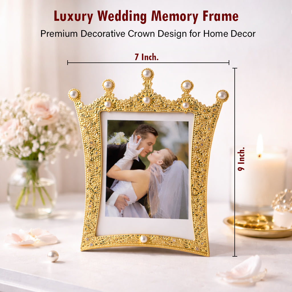 HindCraft Royal Crown Pearl Photo Frame | Luxury Golden Picture Frame for Wedding, Anniversary, Couple & Home Décor