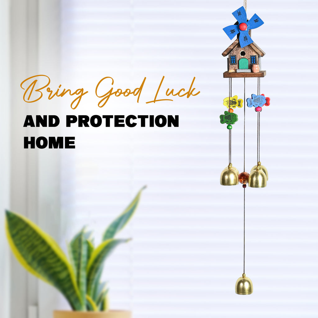HindCraft Wooden House Wind Chime with Brass Bells for Home Decor