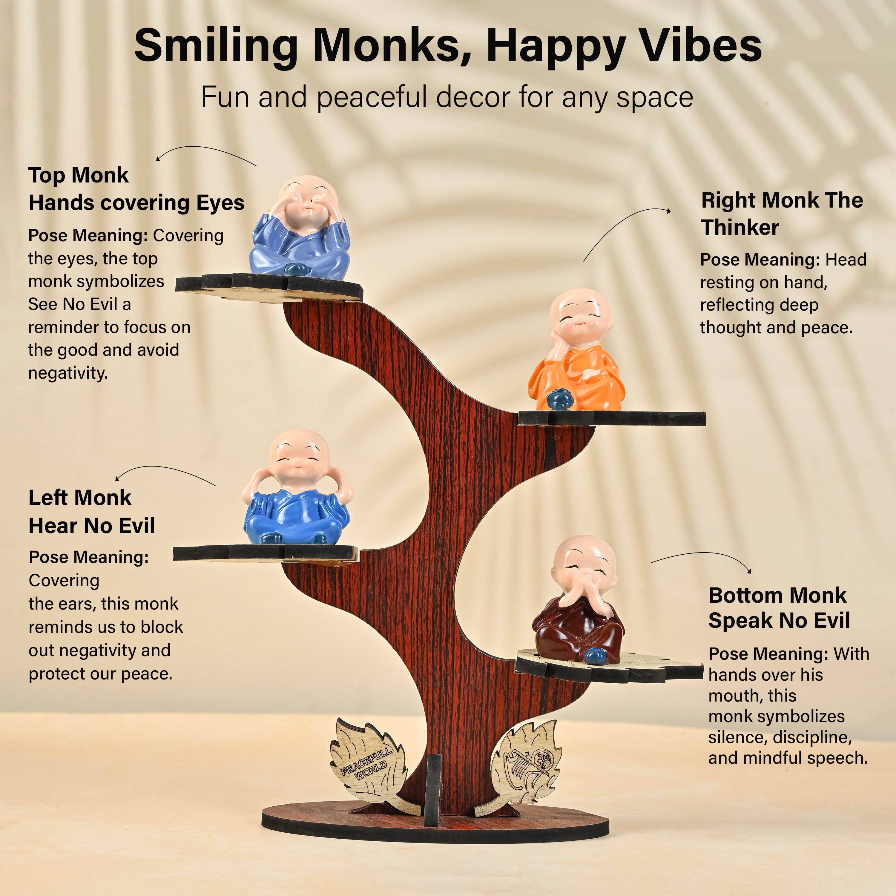 HindCraft 4 Monk Figurine Tree Showpiece with Wooden Stand for Home, Office Desk & Tabletop Décor