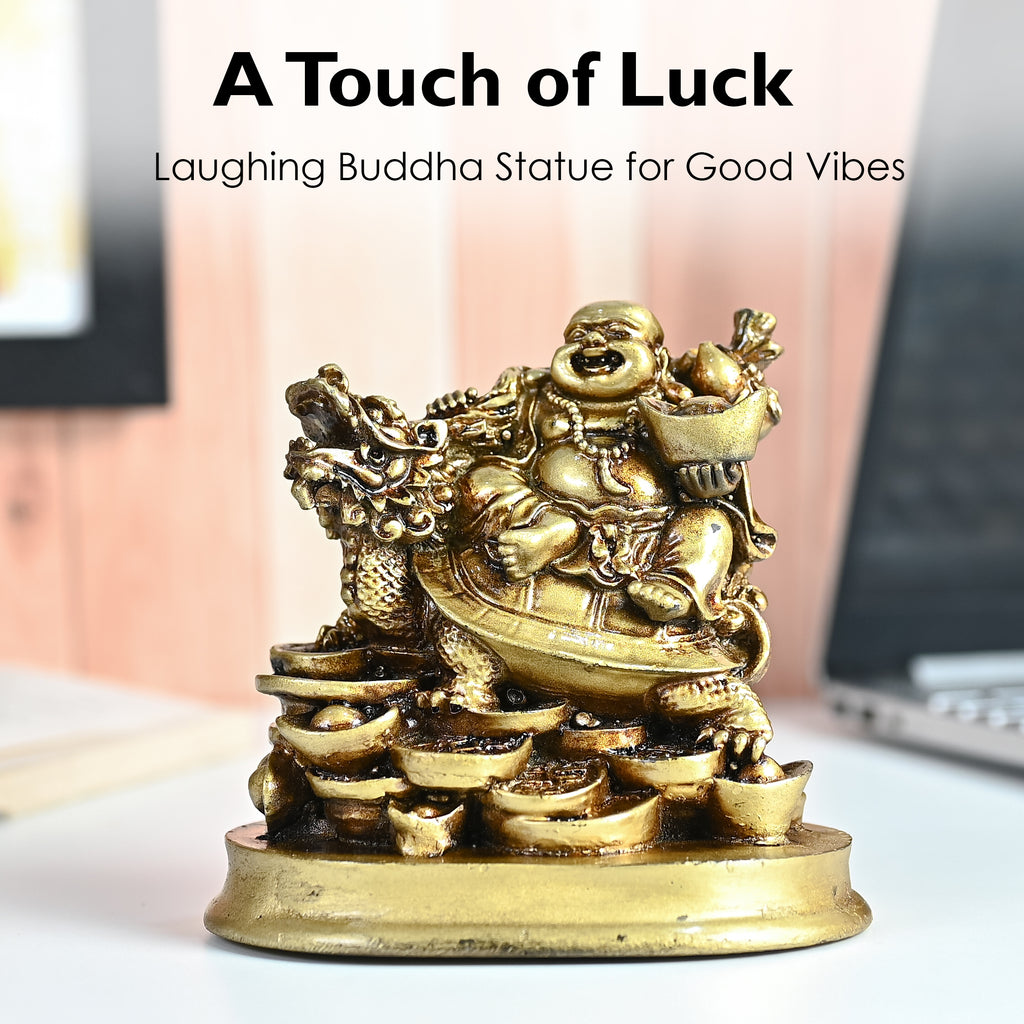 HindCraft Golden Laughing Buddha on Dragon Turtle with Wealth Ingots for Home, Office, Shop & Business Décor