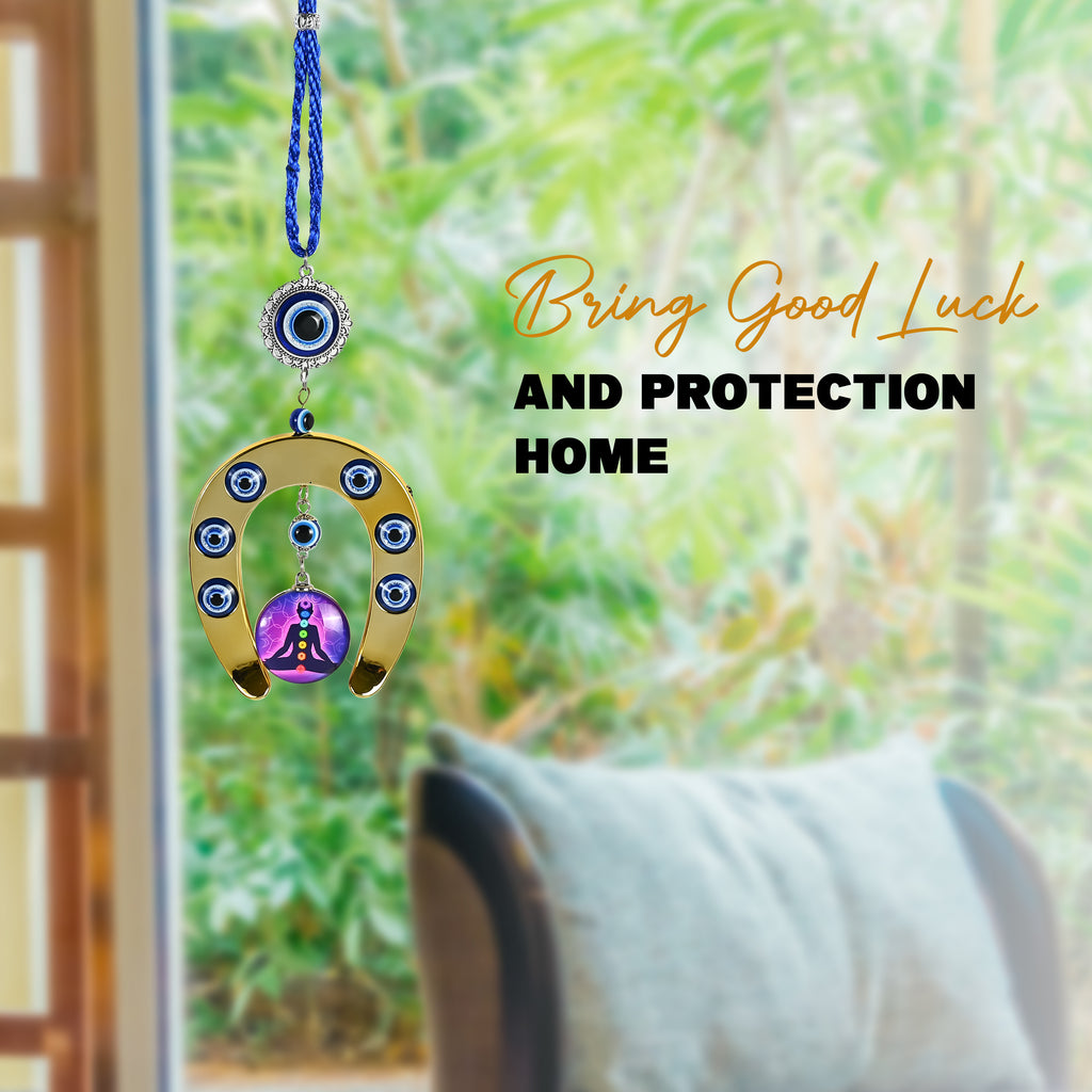 HindCraft Evil Eye Horseshoe Hanging with Chakra Meditation Pendant for Home Entrance, Wall, Door & Office Décor