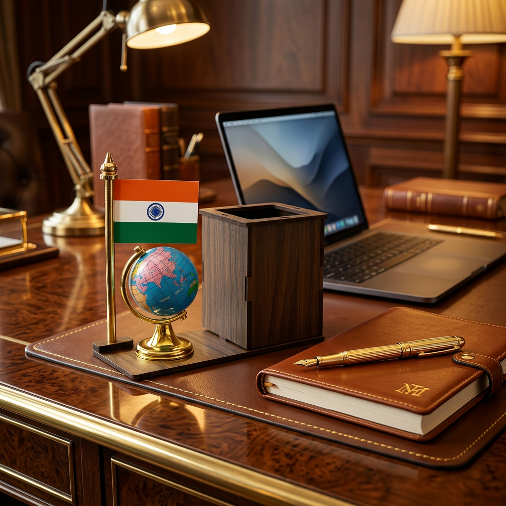 HindCraft Wooden Pen Stand with Indian Flag & Mini Globe | Office Desk Organizer for Home, School & Study Table