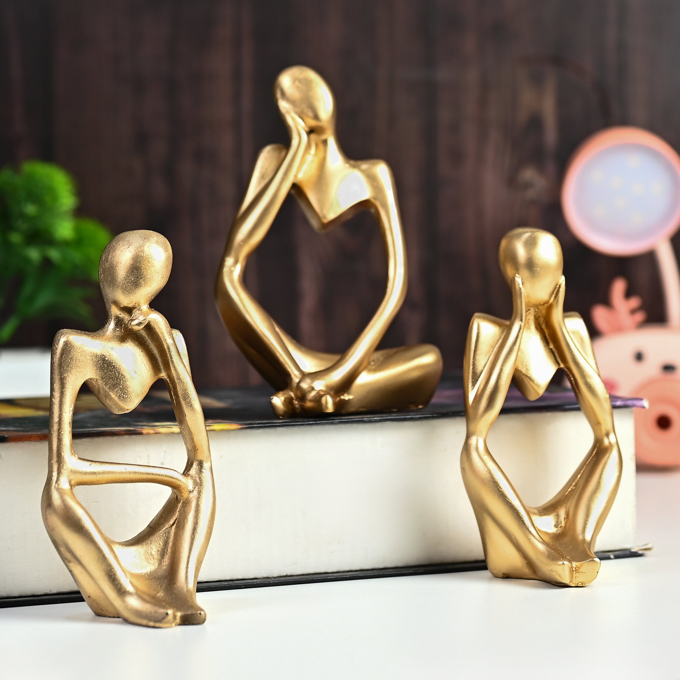 HindCraft Thinker Men Statue Set of 3 Golden Decorative Showpieces