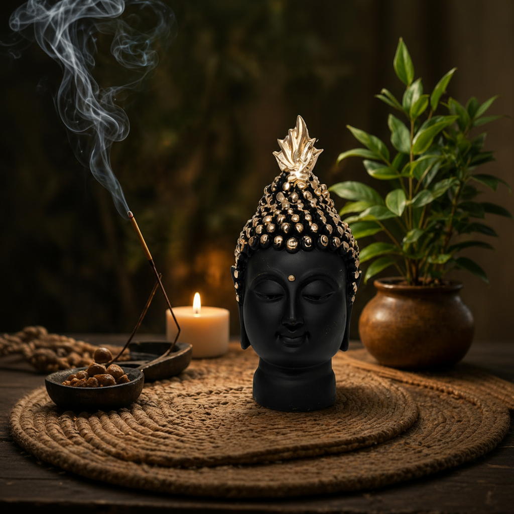 HindCraft Black Buddha Head Statue for Home Decor & Office Display