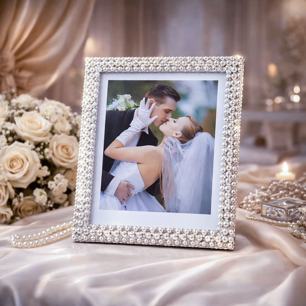 HindCraft Pearl Beaded Square Photo Frame | Elegant Decorative Picture Frame for Wedding, Anniversary, Couple & Family Photos | Tabletop Home Décor