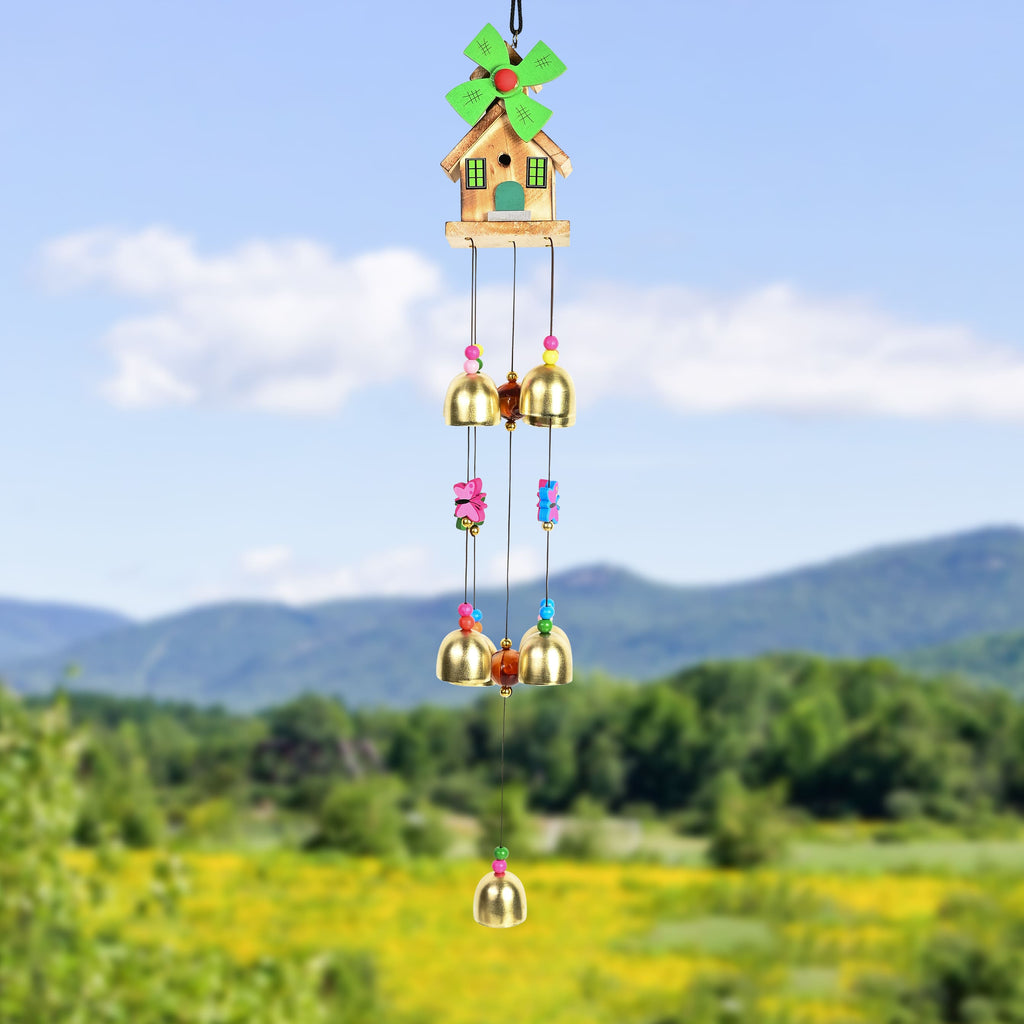 HindCraft Wooden House Wind Chime with 9 Brass Bells for Home Decor