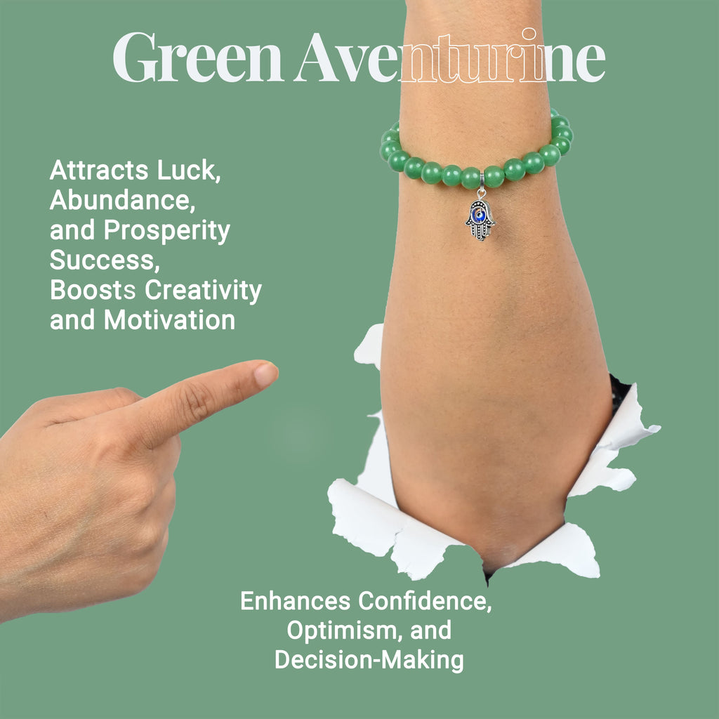 HindCraft Green Aventurine Evil Eye Bracelet with Hamsa Charm Gift