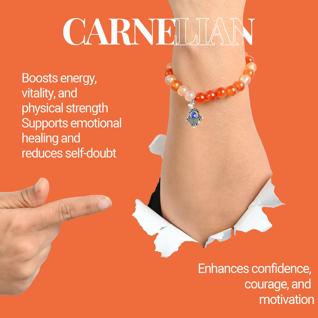 HindCraft Carnelian Evil Eye Bracelet with Hamsa Charm for Energy