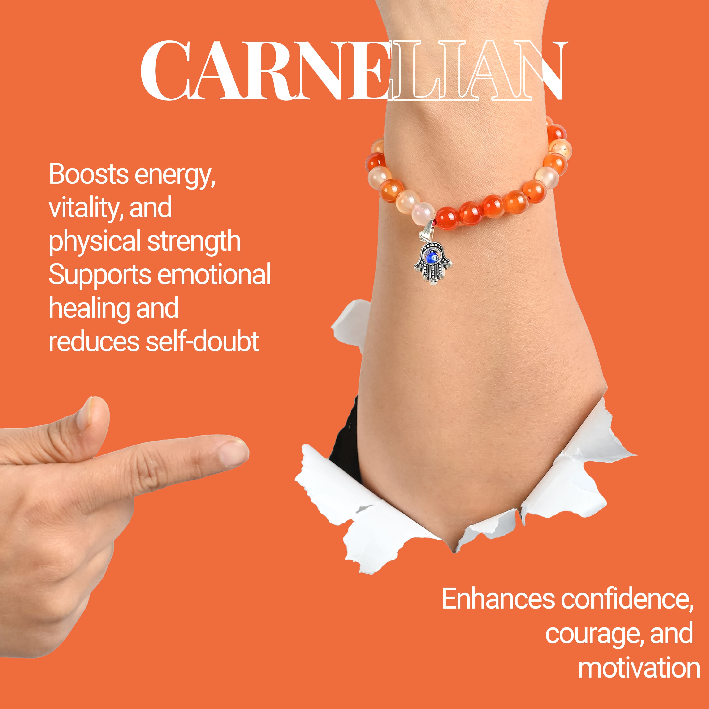 HindCraft Carnelian Evil Eye Bracelet with Hamsa Charm for Energy