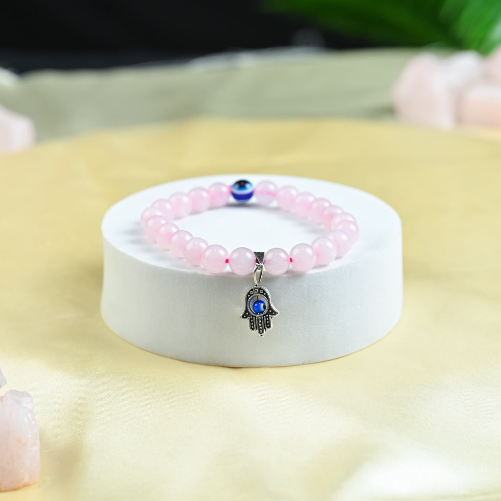 HindCraft Rose Quartz Evil Eye Bracelet with Hamsa Charm for Women