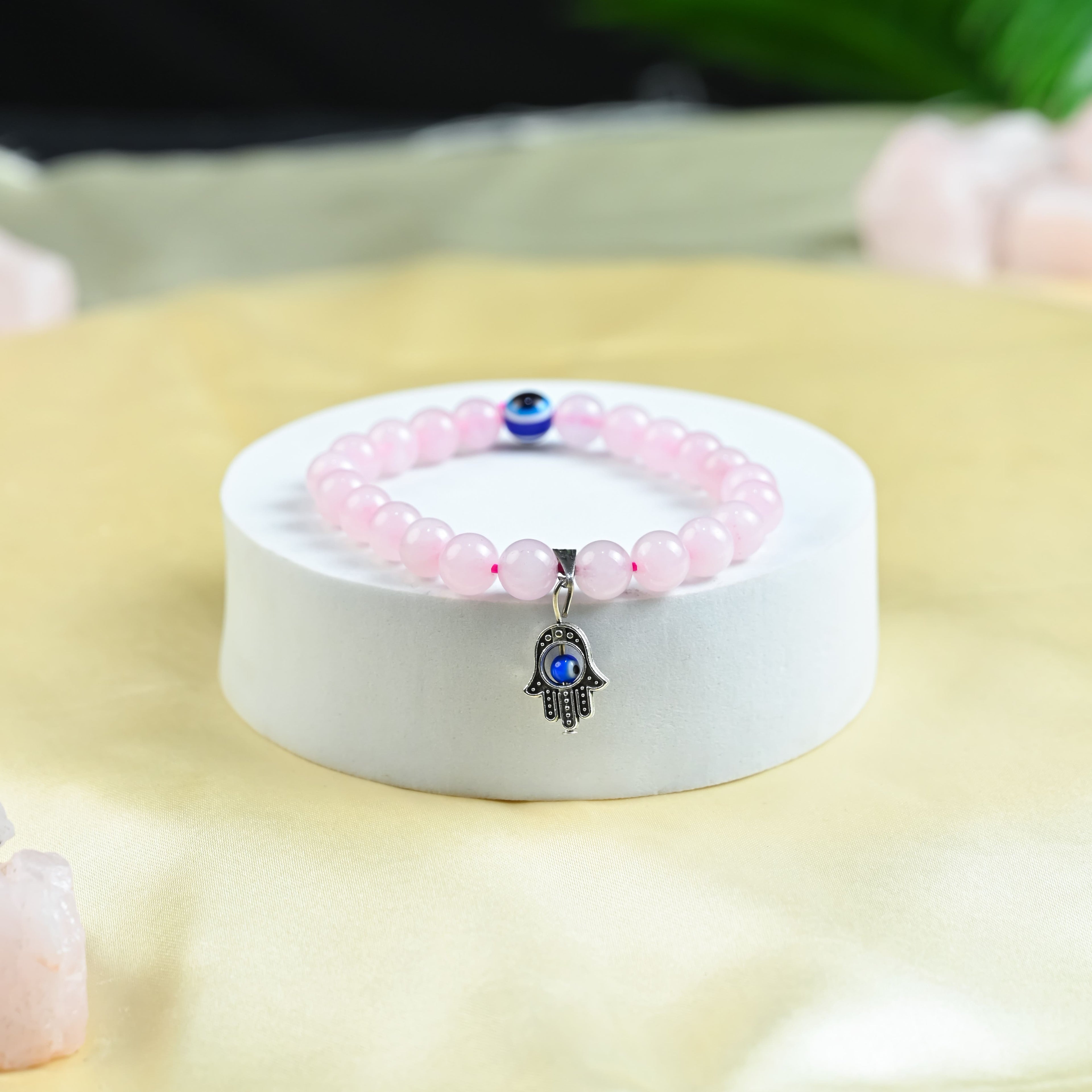 HindCraft Rose Quartz Evil Eye Bracelet with Hamsa Charm for Women