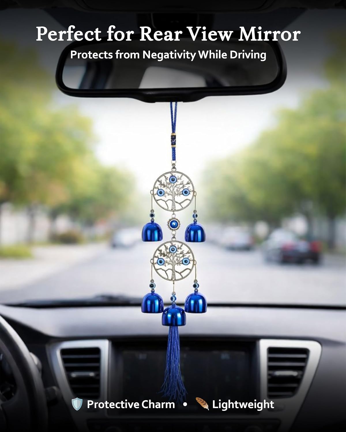 HindCraft Double Tree of Life Evil Eye Wind Chime Hanging with Blue Bells & Tassel for Home Entrance, Balcony, Door & Wall Décor