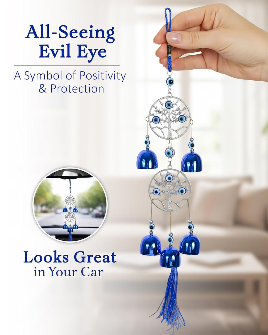 HindCraft Double Tree of Life Evil Eye Wind Chime Hanging with Blue Bells & Tassel for Home Entrance, Balcony, Door & Wall Décor