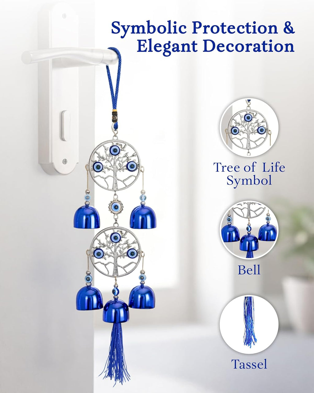 HindCraft Double Tree of Life Evil Eye Wind Chime Hanging with Blue Bells & Tassel for Home Entrance, Balcony, Door & Wall Décor