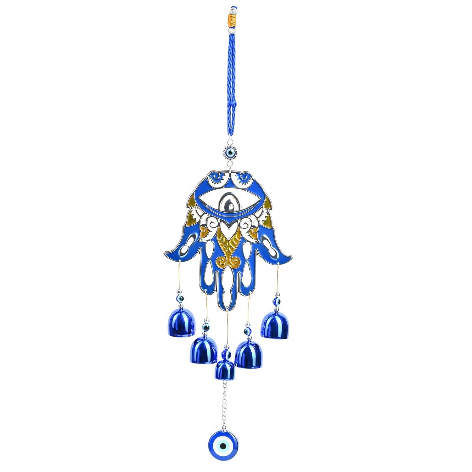 HindCraft Hamsa Hand Evil Eye Hanging with Blue Bells | Turkish Nazar Wall & Door Decor