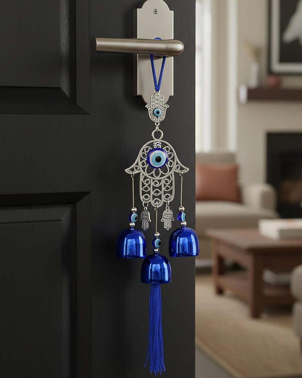 HindCraft Hamsa Hand Evil Eye Wind Chime Hanging with Blue Bells & Tassel for Home Entrance, Balcony, Door & Wall Décor