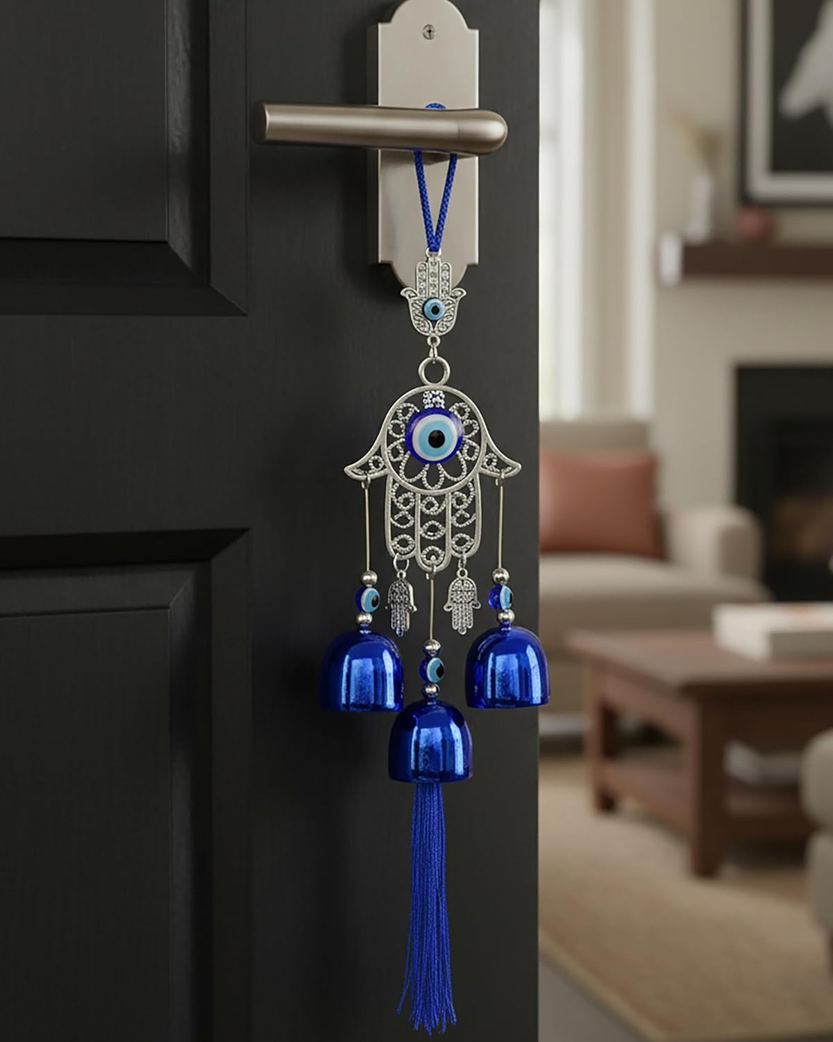 HindCraft Hamsa Hand Evil Eye Wind Chime Hanging with Blue Bells & Tassel for Home Entrance, Balcony, Door & Wall Décor