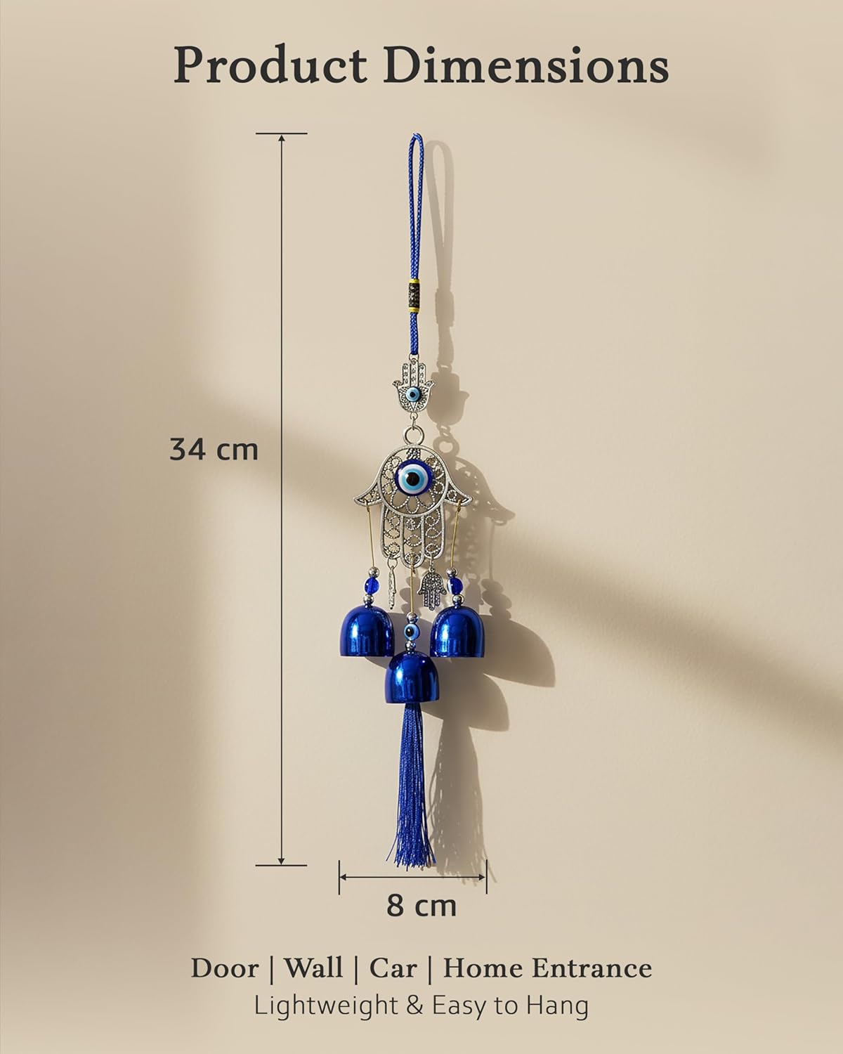 HindCraft Hamsa Hand Evil Eye Wind Chime Hanging with Blue Bells & Tassel for Home Entrance, Balcony, Door & Wall Décor