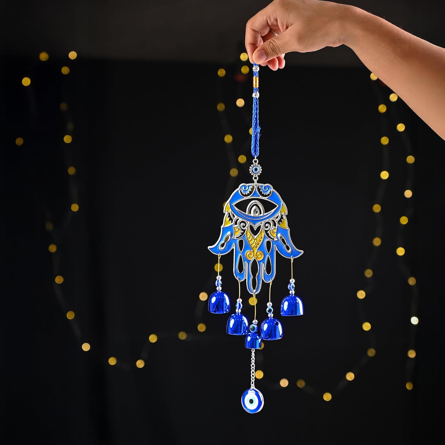 HindCraft Hamsa Hand Evil Eye Hanging with Blue Bells | Turkish Nazar Wall & Door Decor