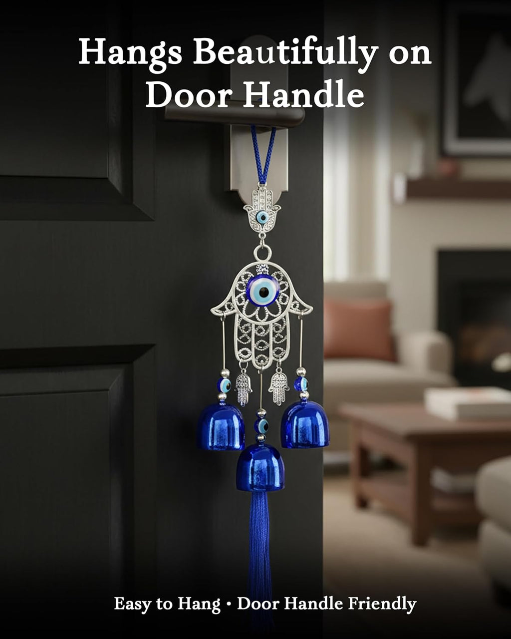HindCraft Hamsa Hand Evil Eye Wind Chime Hanging with Blue Bells & Tassel for Home Entrance, Balcony, Door & Wall Décor