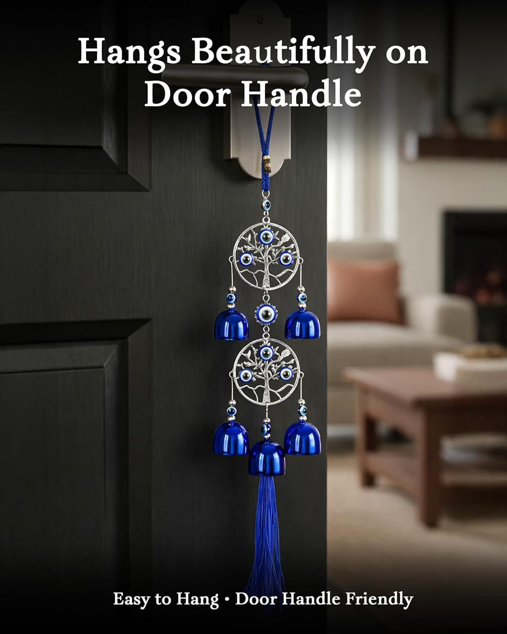 HindCraft Double Tree of Life Evil Eye Wind Chime Hanging with Blue Bells & Tassel for Home Entrance, Balcony, Door & Wall Décor