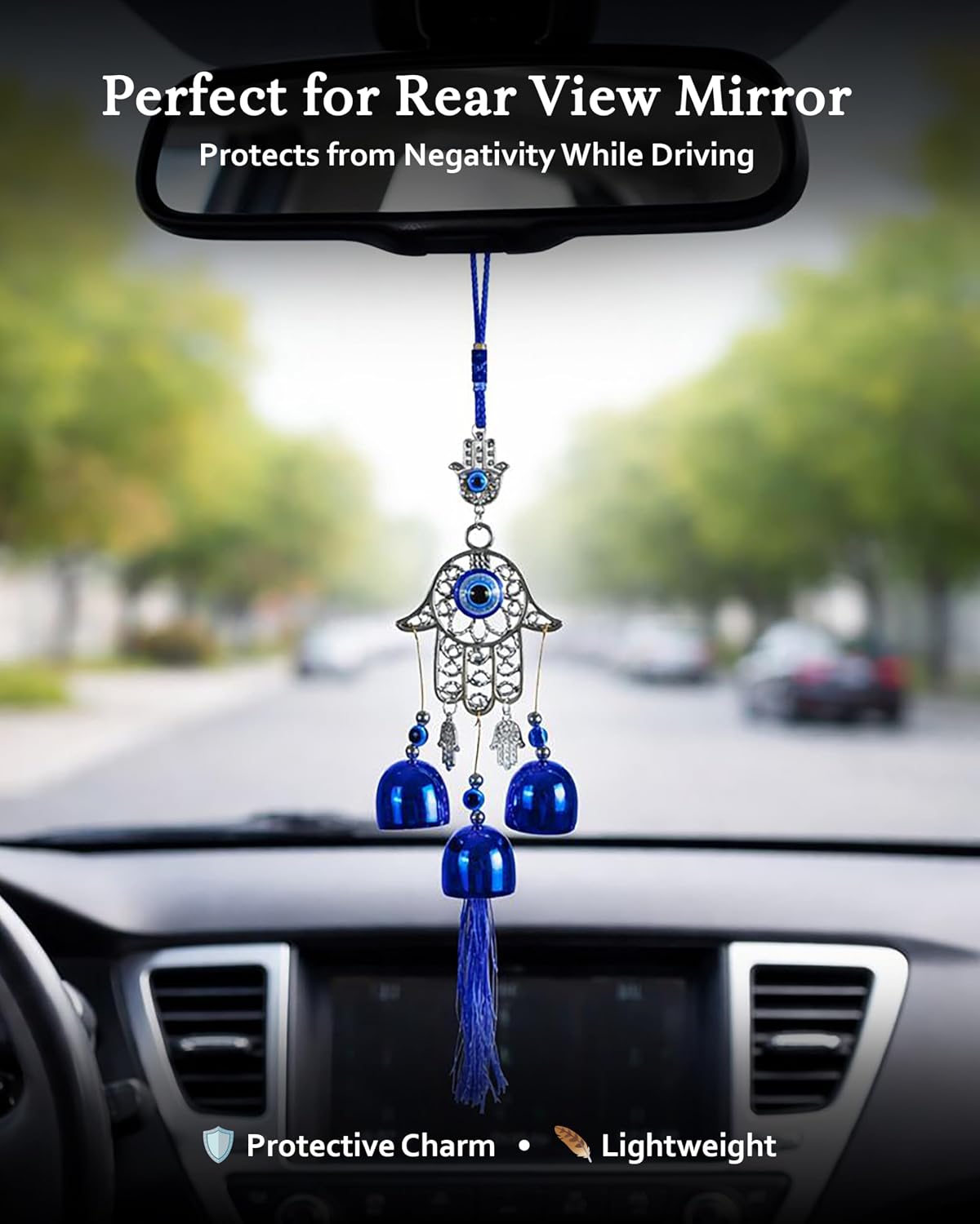 HindCraft Hamsa Hand Evil Eye Wind Chime Hanging with Blue Bells & Tassel for Home Entrance, Balcony, Door & Wall Décor