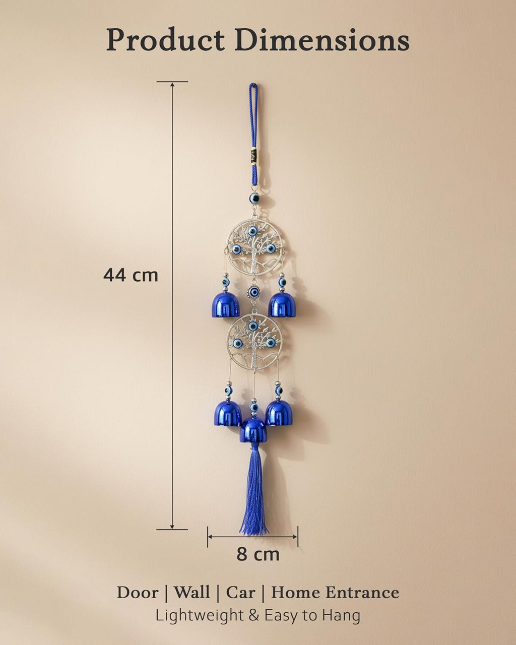 HindCraft Double Tree of Life Evil Eye Wind Chime Hanging with Blue Bells & Tassel for Home Entrance, Balcony, Door & Wall Décor