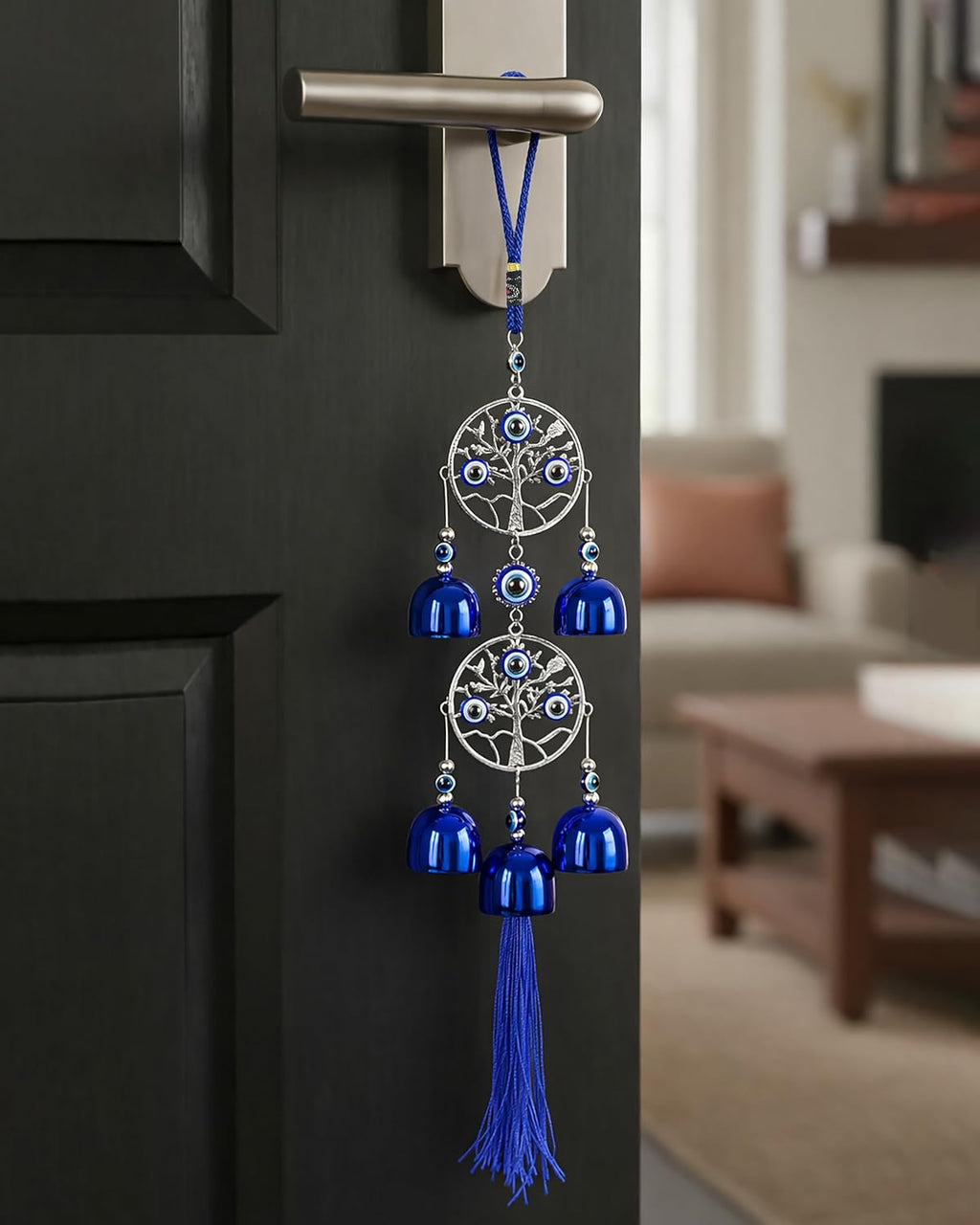 HindCraft Double Tree of Life Evil Eye Wind Chime Hanging with Blue Bells & Tassel for Home Entrance, Balcony, Door & Wall Décor
