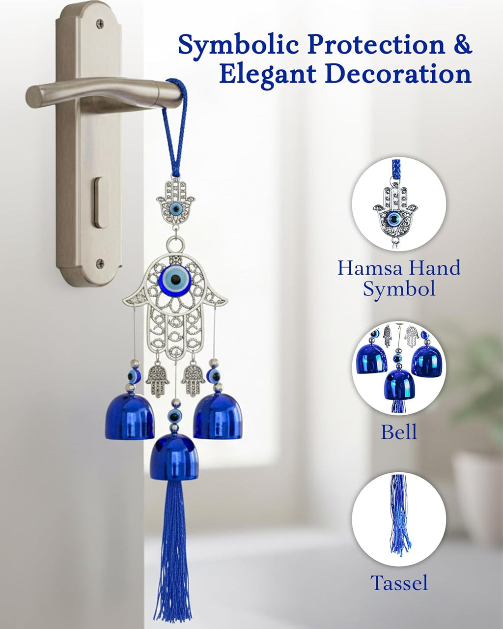 HindCraft Hamsa Hand Evil Eye Wind Chime Hanging with Blue Bells & Tassel for Home Entrance, Balcony, Door & Wall Décor