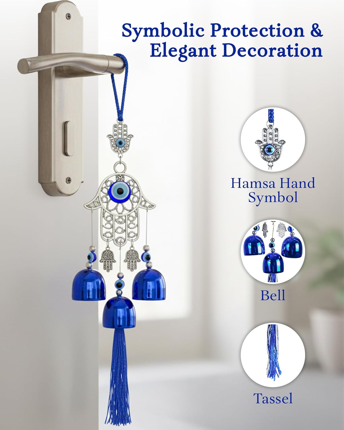 HindCraft Hamsa Hand Evil Eye Wind Chime Hanging with Blue Bells & Tassel for Home Entrance, Balcony, Door & Wall Décor