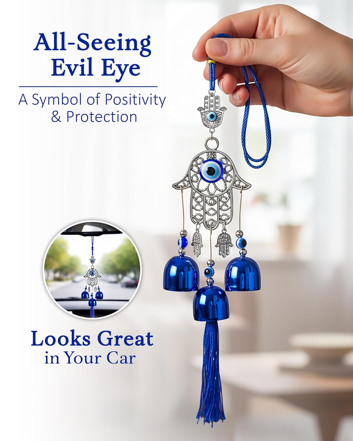 HindCraft Hamsa Hand Evil Eye Wind Chime Hanging with Blue Bells & Tassel for Home Entrance, Balcony, Door & Wall Décor