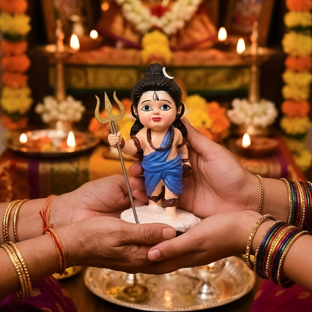 HindCraft Bal Shiv Idol with Trishul | Baby Lord Shiva Resin Showpiece for Home Temple, Office Desk & Spiritual Décor