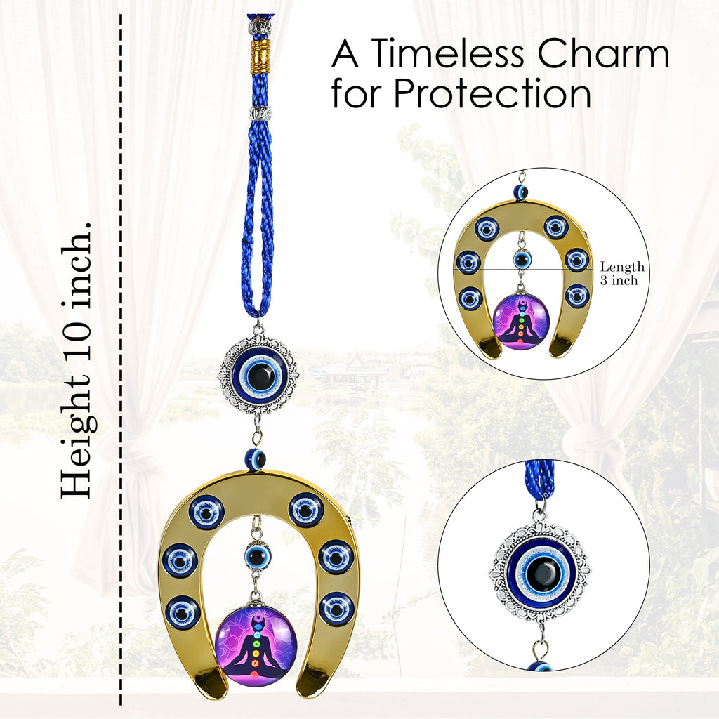 HindCraft Evil Eye Horseshoe Hanging with Chakra Meditation Pendant for Home Entrance, Wall, Door & Office Décor