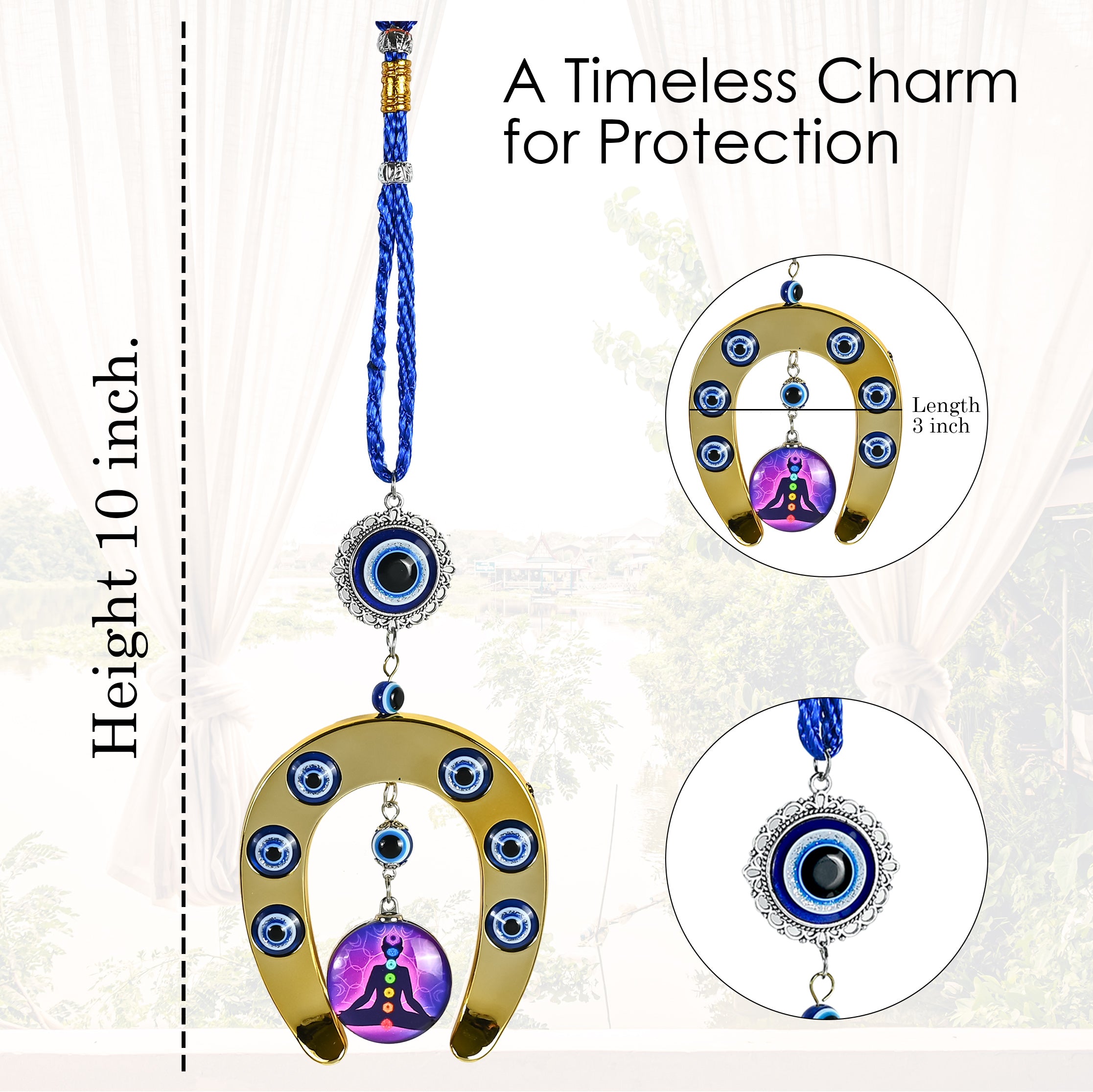 HindCraft Evil Eye Horseshoe Hanging with Chakra Meditation Pendant for Home Entrance, Wall, Door & Office Décor